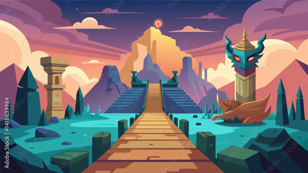 A VR adventure pathway leading to an ancient ruins site with elaborate structures and mythical creatures guarding the treasures within.. Vector illustration