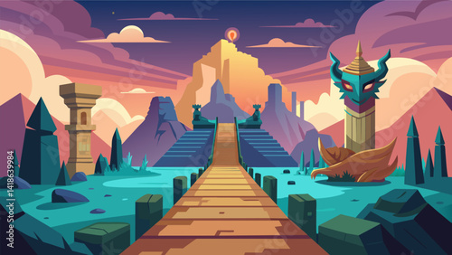Obraz na płótnie A VR adventure pathway leading to an ancient ruins site with elaborate structures and mythical creatures guarding the treasures within.. Vector illustration w salonie