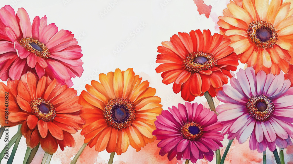 Elegant wedding invitation card background . Minimal hand painted watercolor Gerbera flowers texture template background. Design for wedding, vip cover, poster, rsvp moderncard.Valentine's Day Elegant wedding invitation card background . Minimal hand painted watercolor Gerbera flowers texture template background. Design for wedding, vip cover, poster, rsvp moderncard.Valentine's Day