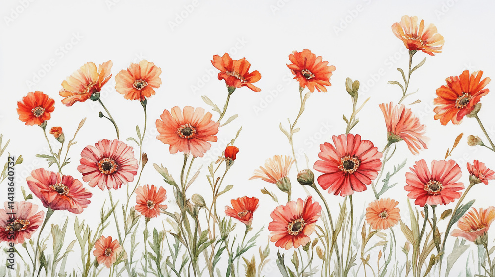 Fototapeta premium Elegant wedding invitation card background . Minimal hand painted watercolor Gerbera flowers texture template background. Design for wedding, vip cover, poster, rsvp moderncard.Valentine's Day