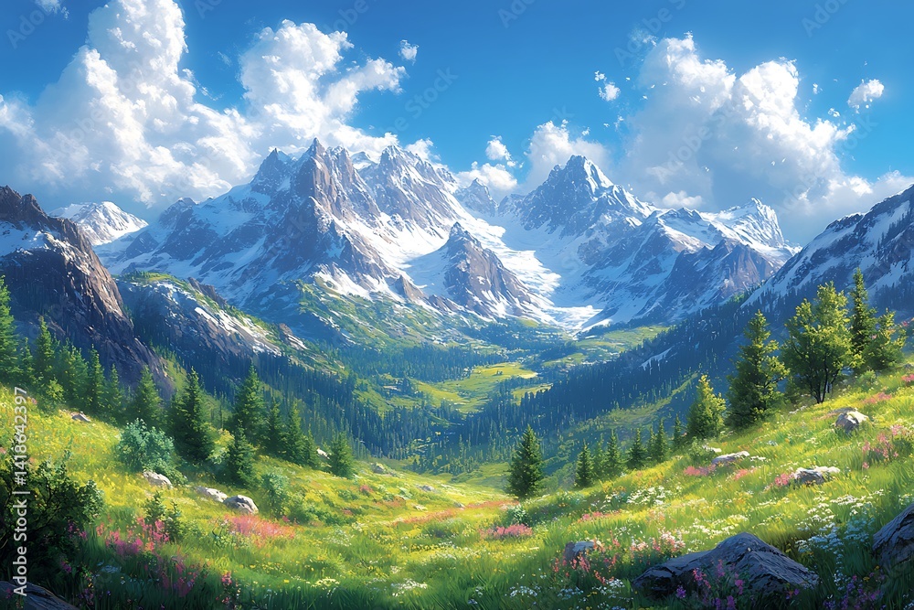 Fototapeta premium Majestic Snow Capped Mountains And Lush Valley Under A Sunny Sky