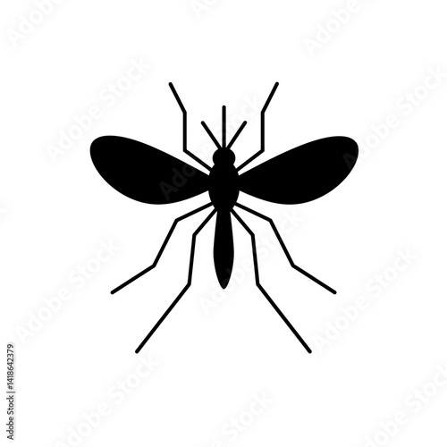 Simple black silhouette mosquito icon with wings and legs in minimalist vector design on clean background
