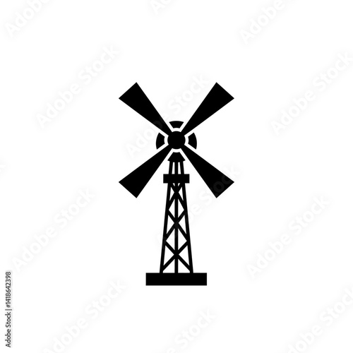 A vector icon of a windmill in solid black silhouette, flat and geometric style with blades and base