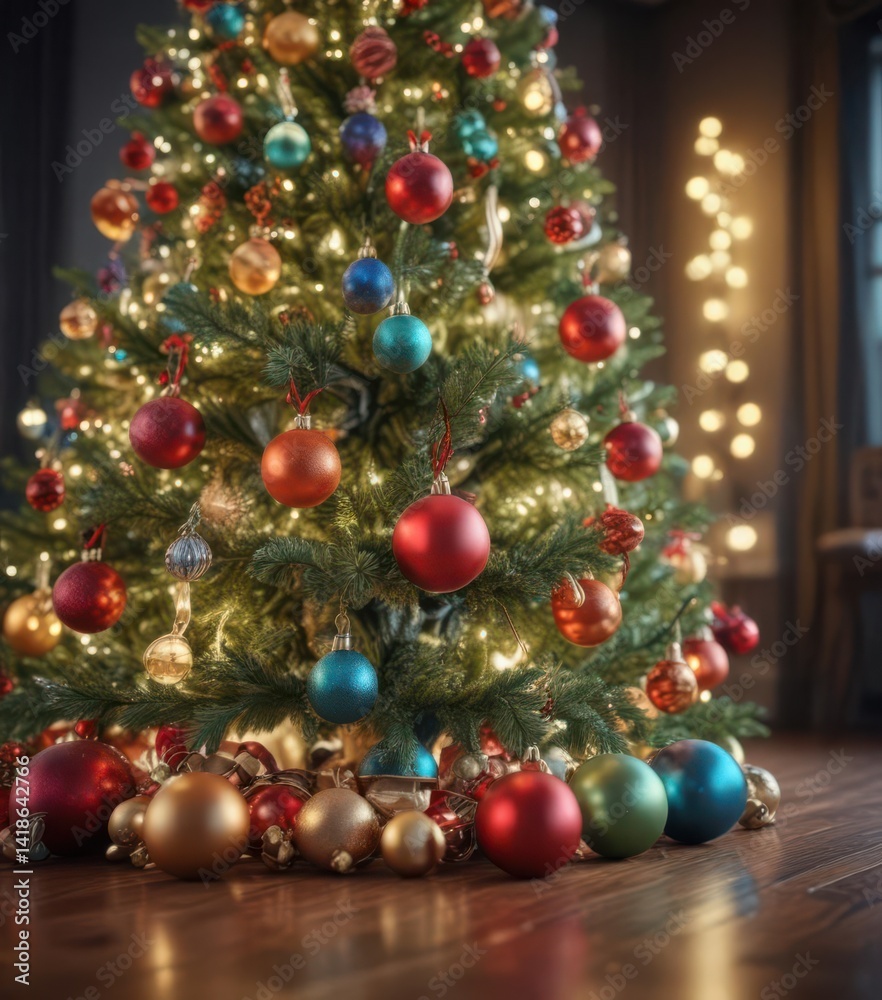 Fototapeta premium Ornate Christmas tree, vibrant baubles, soft bokeh lights , winter, vibrant, baubles