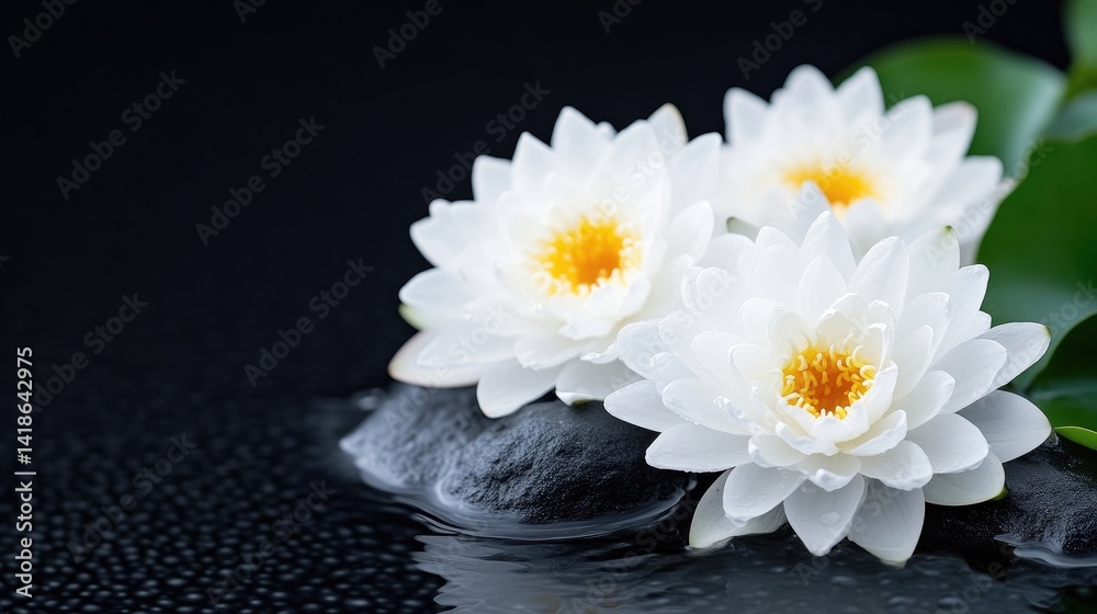 Fototapeta premium White lotus flowers blooming on dark water surface, close-up of delicate petals and yellow centers, and serene and elegant composition.
