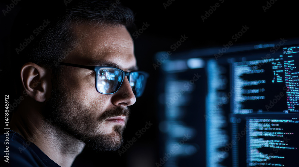 A man wearing glasses is looking at a computer screen with a lot of text on it
