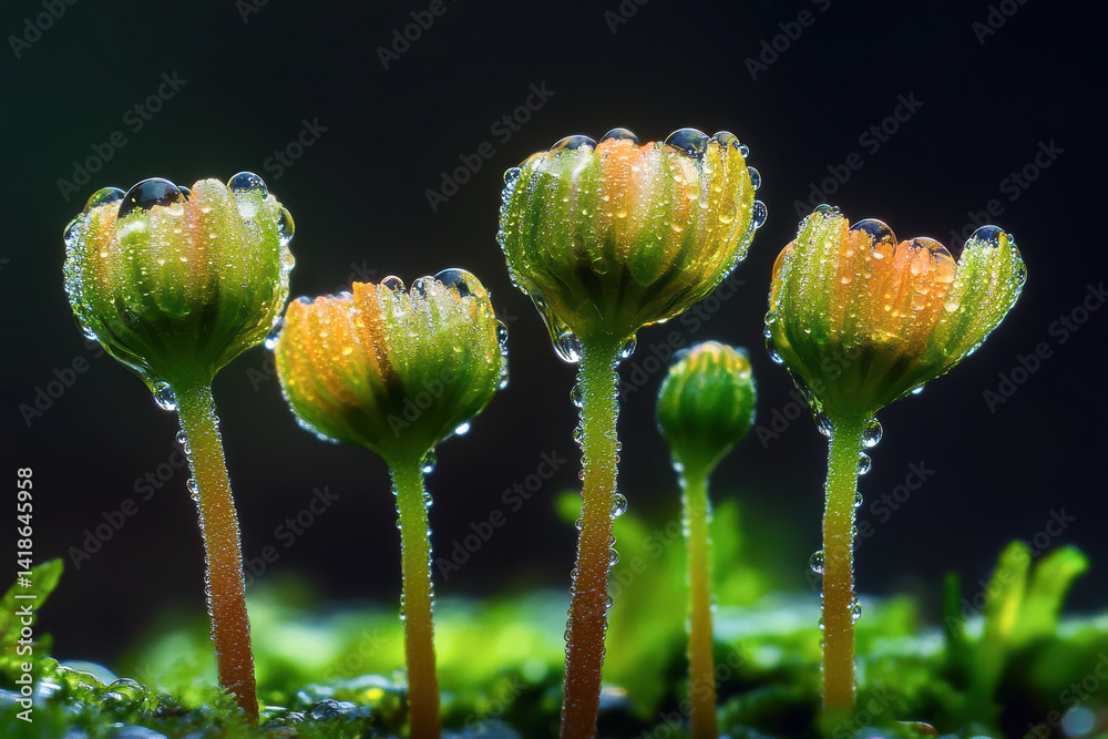 A group of small green flowers with droplets of water on them
