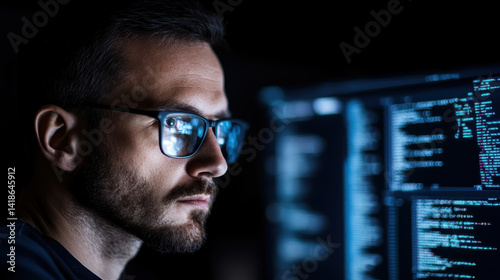 Obraz na płótnie A man wearing glasses is looking at a computer screen with a lot of text on it w salonie