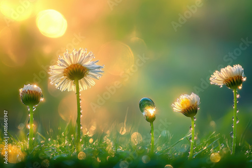 A field of flowers with a bright sun shining on them