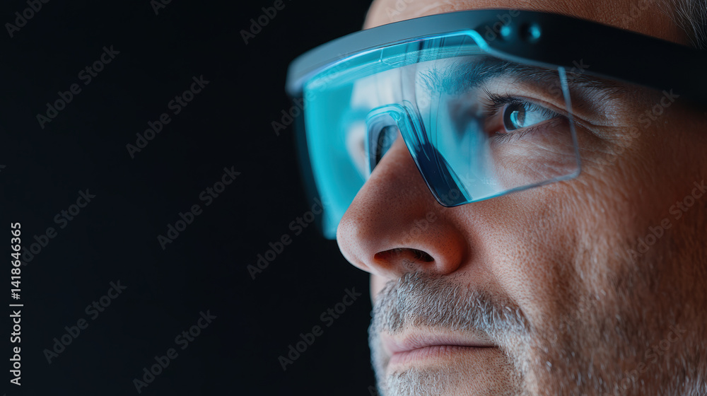 A man wearing blue glasses is looking at something on a screen