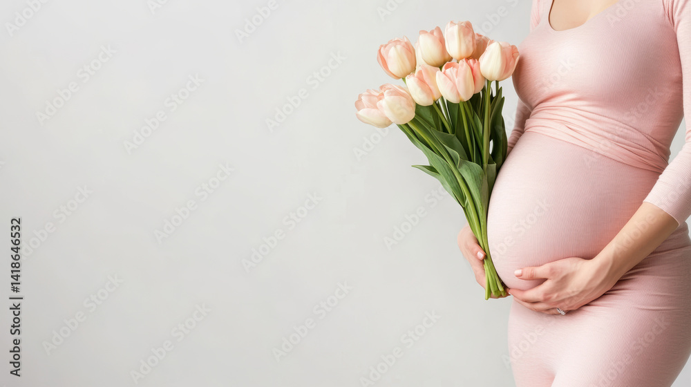 A pregnant woman holding a bouquet of flowers