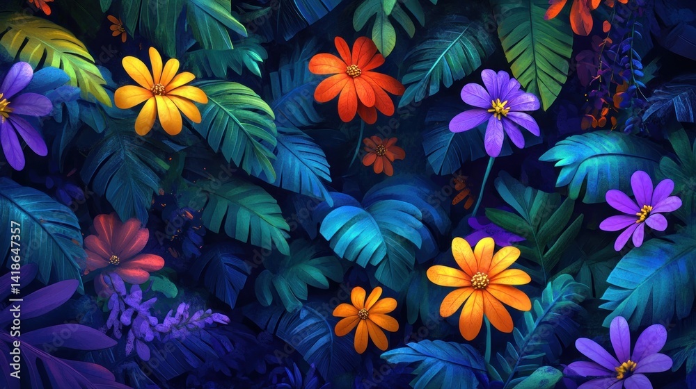 Obraz premium lush tropical garden with vibrant flowers and foliage creating a captivating and immersive botanical scene in cool and warm color palette