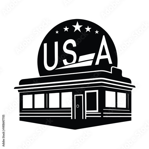 black silhouette of a classic diner with neon usa signage glowing  