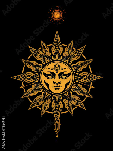 occult ethnic logos, amalgamation of sun gods, ornaments, and nature
