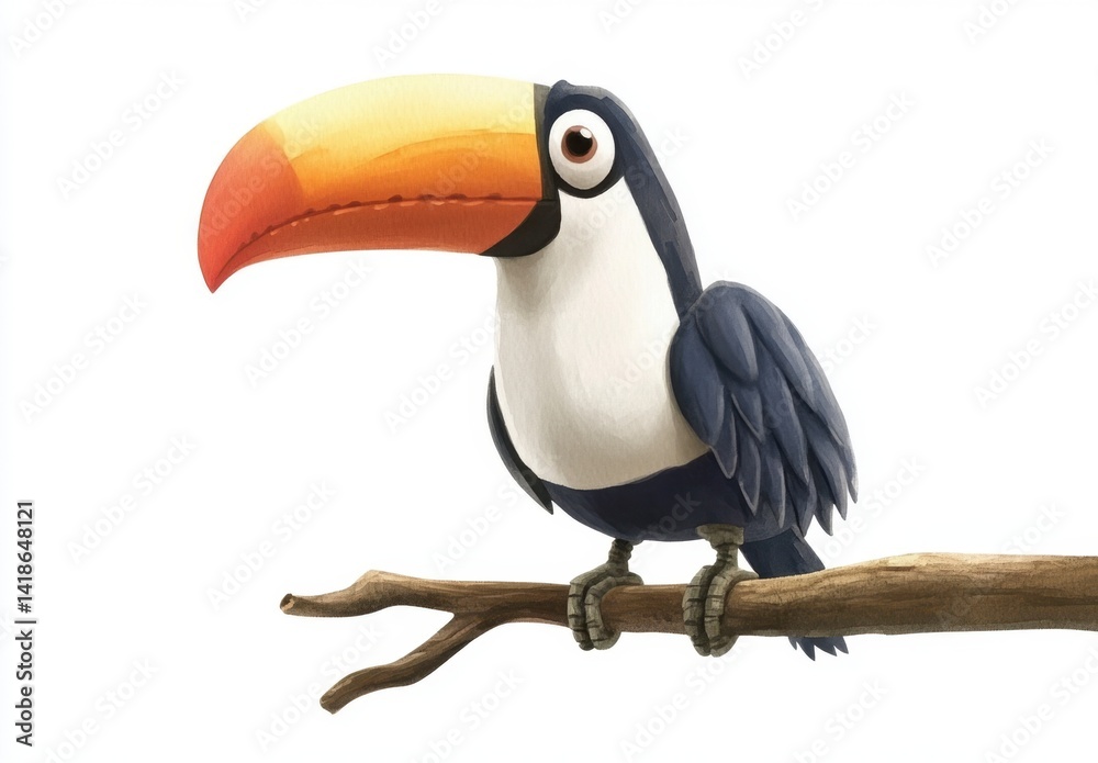 Fototapeta premium Colorful Cartoon Toucan on Branch with Bright Orange Beak