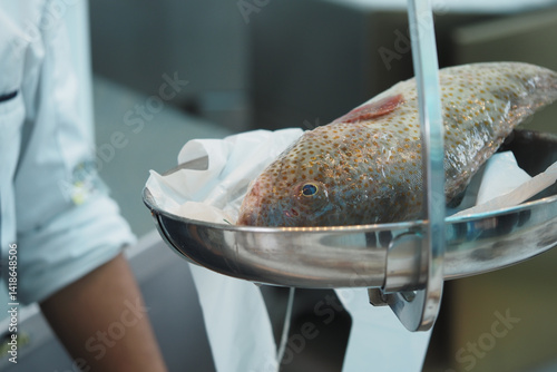 Photography Freshly caught fish being weighed in a culinary kitchen setting