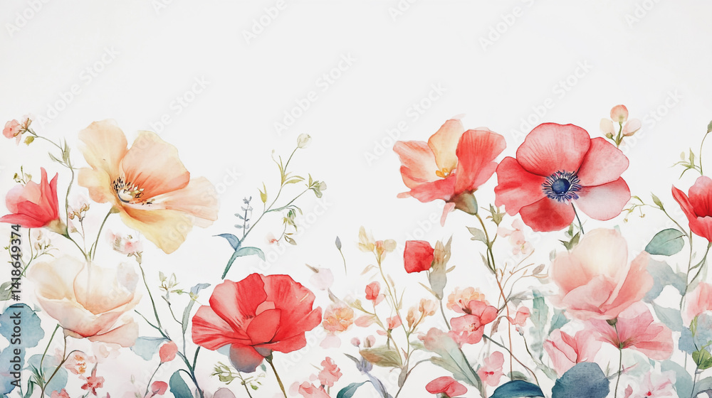 Fototapeta premium Elegant wedding invitation card background . Minimal hand painted watercolor botanical flowers texture template background. Design for wedding, vip cover, poster, rsvp moderncard.Valentine's Day