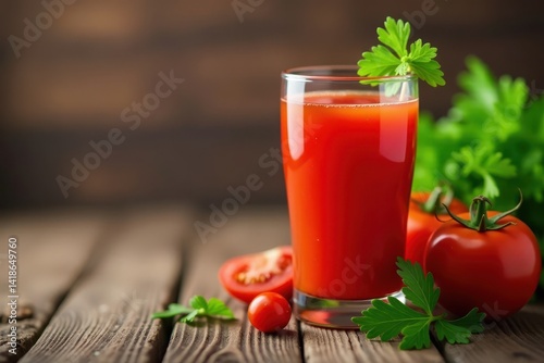 Wallpaper Mural Fresh tomato juice, green parsley sprig, wooden background , simple, antioxidant, still life Torontodigital.ca