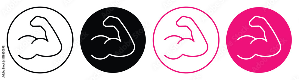 Strong muscular arms vector icon. Muscle icon. Bicep symbol. Muscular power pictogram isolated on a white and black background Strong muscular arms vector icon. Muscle icon. Bicep symbol. Muscular power pictogram isolated on a white and black background