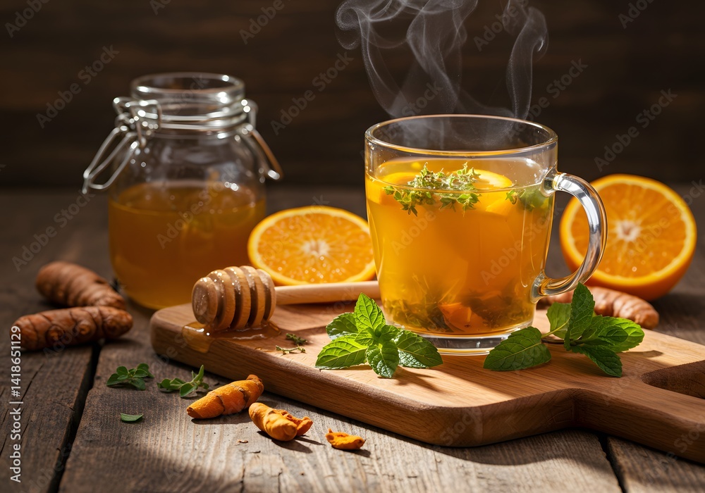 Steaming hot turmeric tea in a glass mug sits on a rustic wooden board, paired with honey, fresh mint leaves, and slices of orange, offering a fragrant, herbal drink.