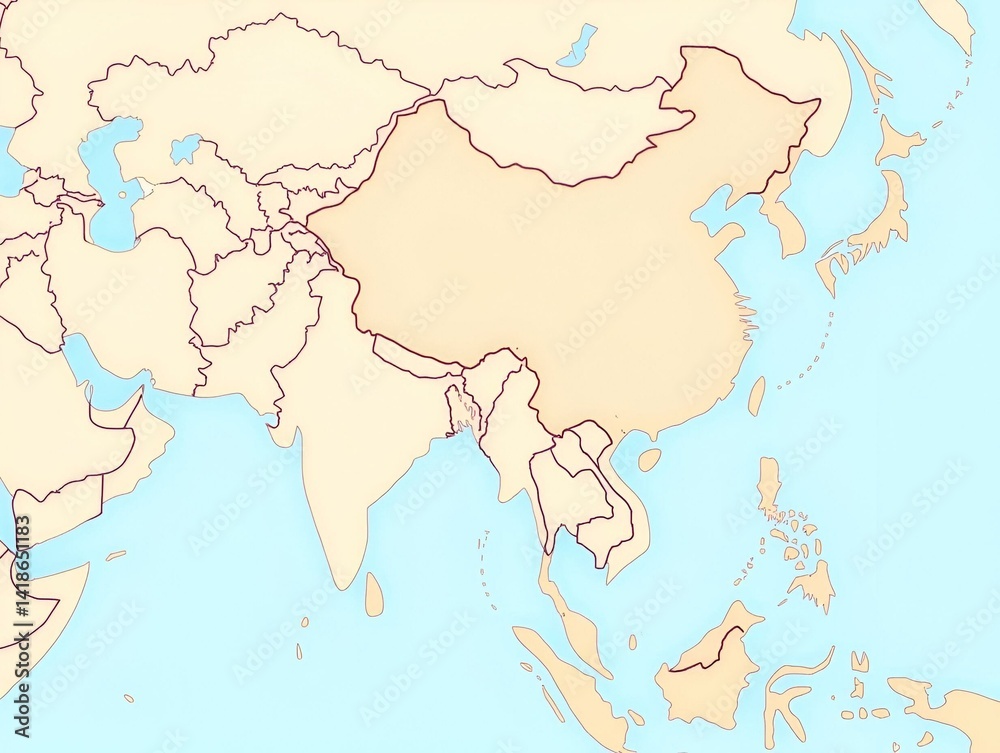 Asia map indicating the boundaries of each country.