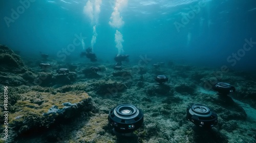 Futuristic robotic swarm performing coral reef restoration under the sea, environmental conservation