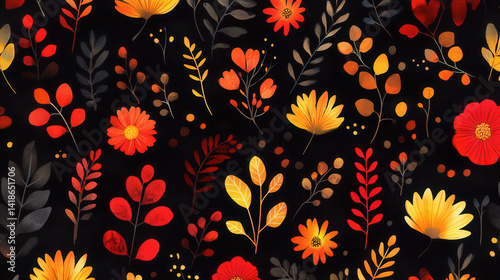 Floral pattern with vibrant red, orange, and yellow flowers, Pattern background not seamless