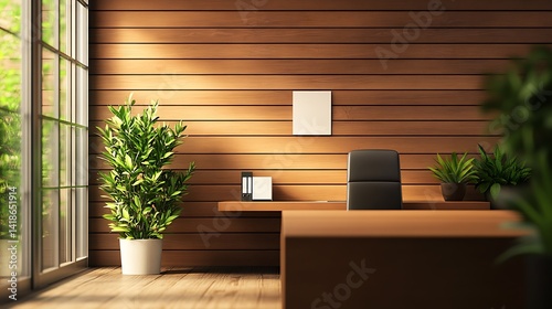Minimalist modern office interior featuring a desk, plant, and large windows allowing natural light : Generative AI
