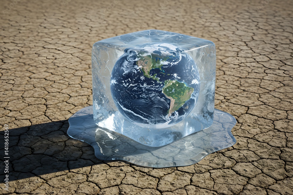 ice cube containing planet Earth melts on dry, cracked ground, it serves as a powerful visual of climate change and the dire consequences of global warming.