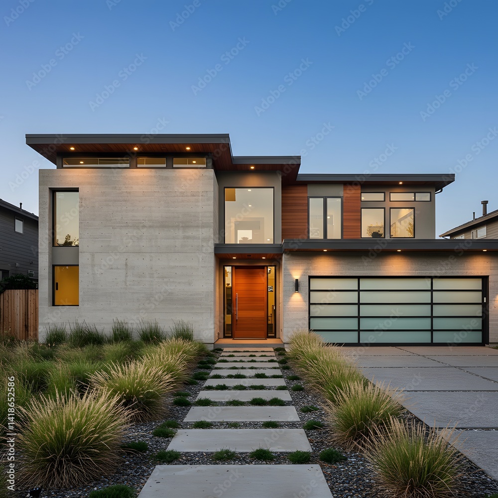 A stylish modern house with a concrete walkway leading to a wooden front door. The flat roof, large windows, and wood accents create a seamless connection between the home's minimalist design