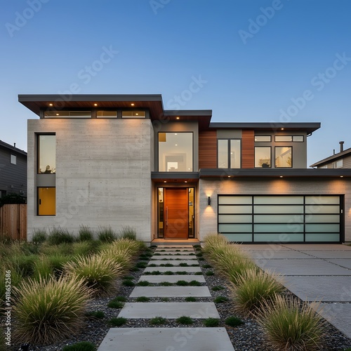 Obraz na płótnie A stylish modern house with a concrete walkway leading to a wooden front door. The flat roof, large windows, and wood accents create a seamless connection between the home's minimalist design w salonie