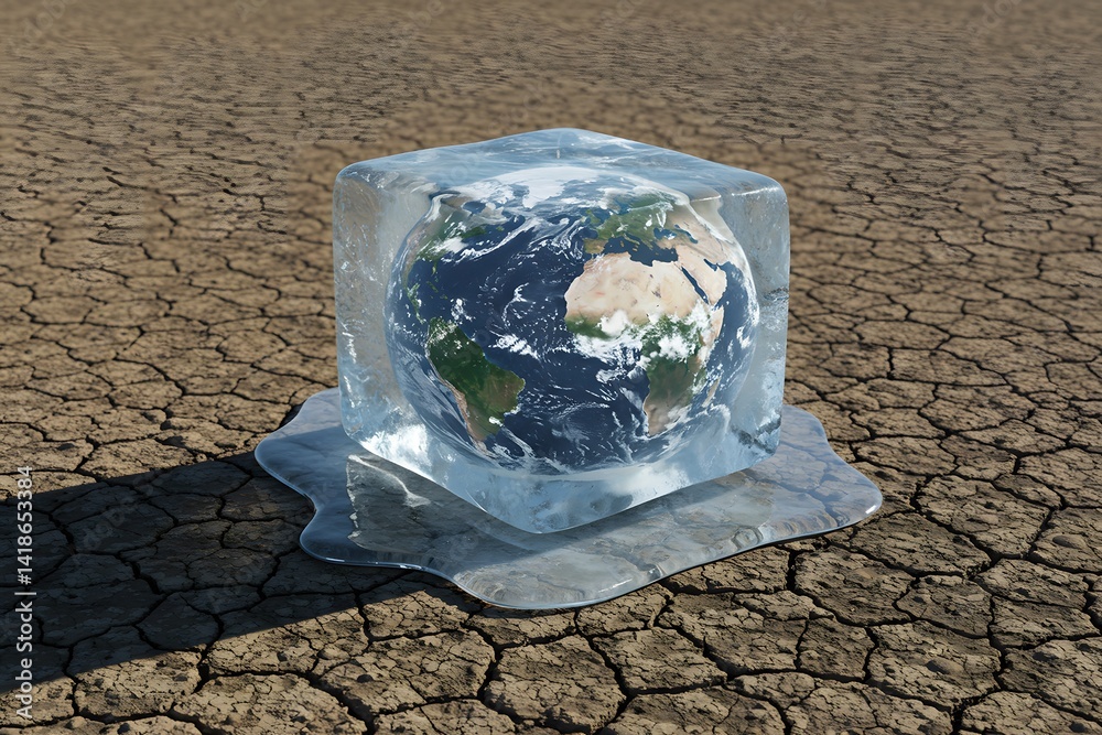ice cube containing planet Earth melts on dry, cracked ground, it serves as a powerful visual of climate change and the dire consequences of global warming.