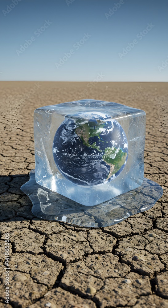 ice cube containing planet Earth melts on dry, cracked ground, it serves as a powerful visual of climate change and the dire consequences of global warming.
