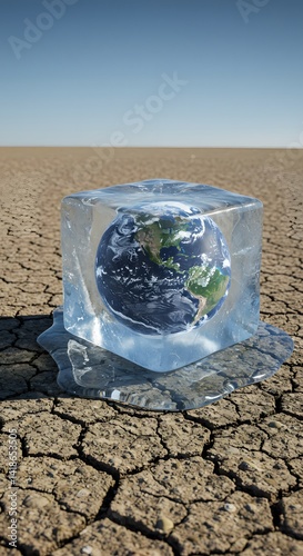 Obraz na płótnie ice cube containing planet Earth melts on dry, cracked ground, it serves as a powerful visual of climate change and the dire consequences of global warming. w salonie