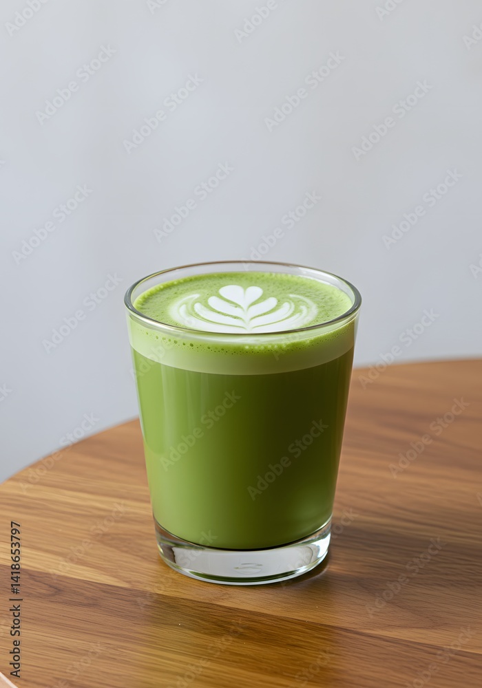 The vibrant green of a matcha latte in a glass cup stands out against the warm tones of a wooden table, with a white background adding to the clean, fresh look.