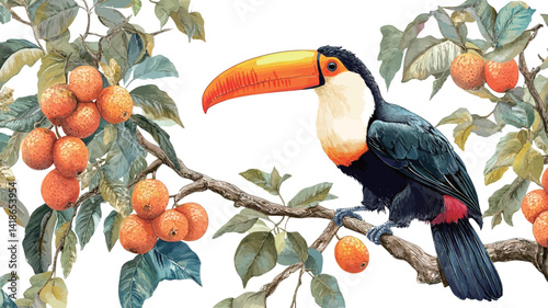 A meticulously rendered illustration showcases a toucan perched on a branch laden with ripe citrus fruits. The artwork employs a realistic style with high attention