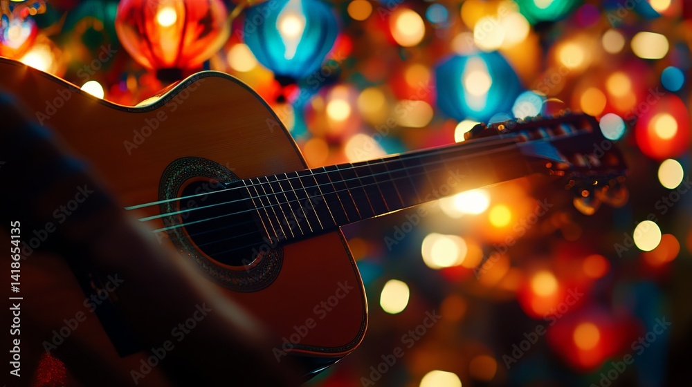 Obraz premium Acoustic guitar in focus with soft lantern glow, evoking warmth and artistic harmony