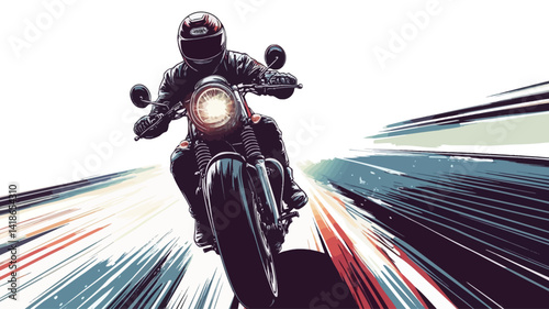 A stylized vector illustration depicting a motorcyclist in motion. The image utilizes dynamic motion blur, creating a sense of speed and energy.  The color palette is predominantly dark