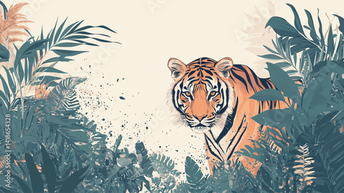 A stylized illustration features a Bengal tiger positioned centrally, its gaze directed towards the viewer.  The tiger��s fur is rendered in warm oranges and creams