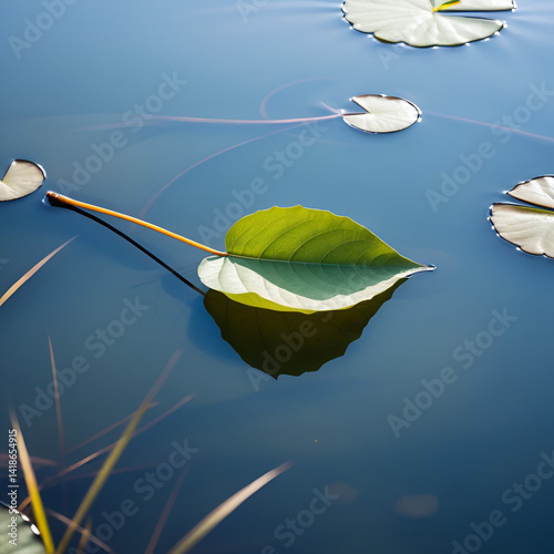 A single leaf floating on a still pond, reflecting the natural simplicity and beauty that transcendentalists revered in the ordinary