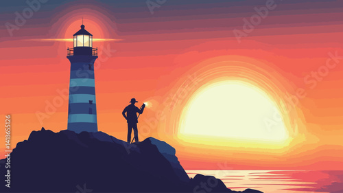 A stylized vector illustration depicting a minimalist silhouette of a man holding a lantern standing on a rocky outcrop next to a tall, striped lighthouse.