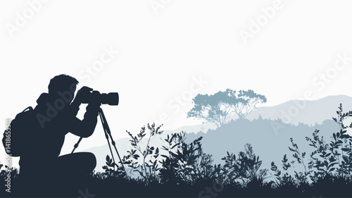 The image presents a stark silhouette of a photographer, crouched behind a tripod, actively capturing a misty mountain landscape. The photographer is rendered in solid black