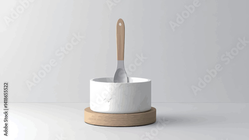 A high-key, digitally rendered image showcases a cylindrical white marble serving bowl resting on a circular wooden base