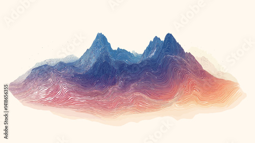 The image presents a stylized, abstract depiction of a mountain range. The artistic style employs a smooth gradient transitioning from cool blues and purples at the peaks to warmer oranges