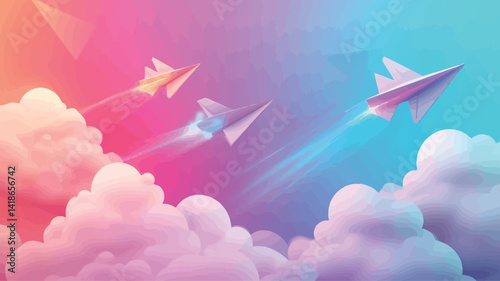 The image showcases three stylized paper airplanes rendered in a vibrant, almost iridescent, color palette.  The planes appear to be in motion, leaving motion blurs suggesting speed and dynamism