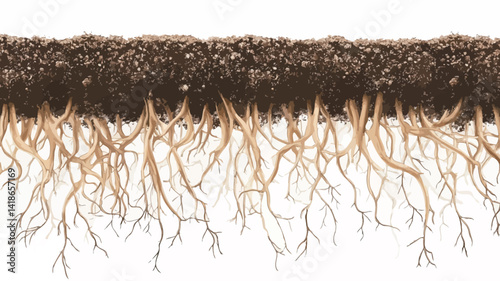 High-resolution close-up image showcasing a detailed illustration of a plant's extensive root system. The roots, rendered in varying shades of beige and light brown