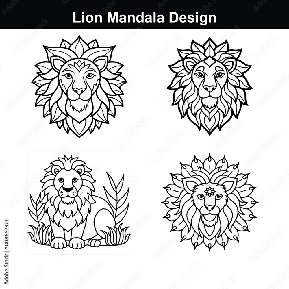 Obraz premium Four Lion Mandala Designs Line Art Illustrations