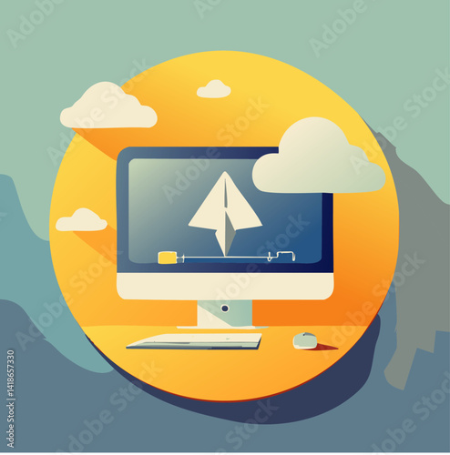 Paper Airplane on Computer Screen with Cloud Elements Representing Digital Communication and Online Messaging

