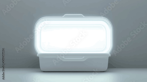 The image showcases a front-on, close-up view of a small, rectangular, white portable LED light. The light is brightly illuminated, emitting a soft, even white glow from its central panel