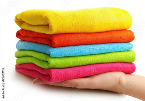Stacked colorful t-shirts in hand